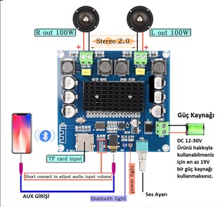 2 x 100W Bluetooth 5.0 Amfi Devresi TDA7498 TF Kart XH-A105