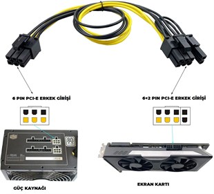 30cm Erkek-Erkek 6 Pin PCI-E to 8 Pin PCI-E Ekran Kartı Power Çevirici Kablo